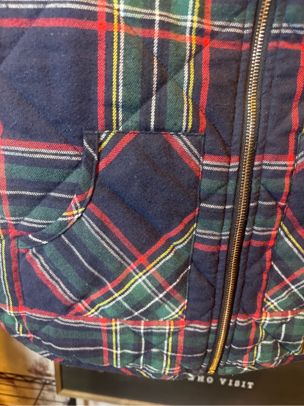 Mud Pie Navy Plaid Quilted Vest with Green & Red Accents - Picture 2 of 7